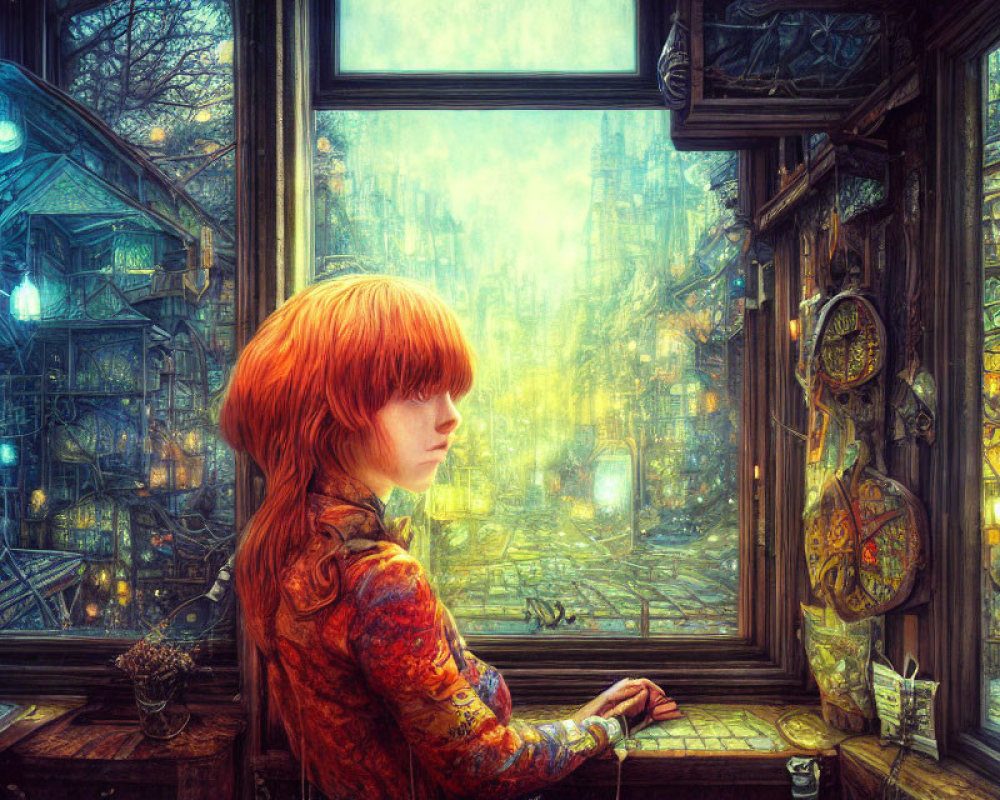 Red-haired person admires fantastical cityscape through window in cozy room full of books.