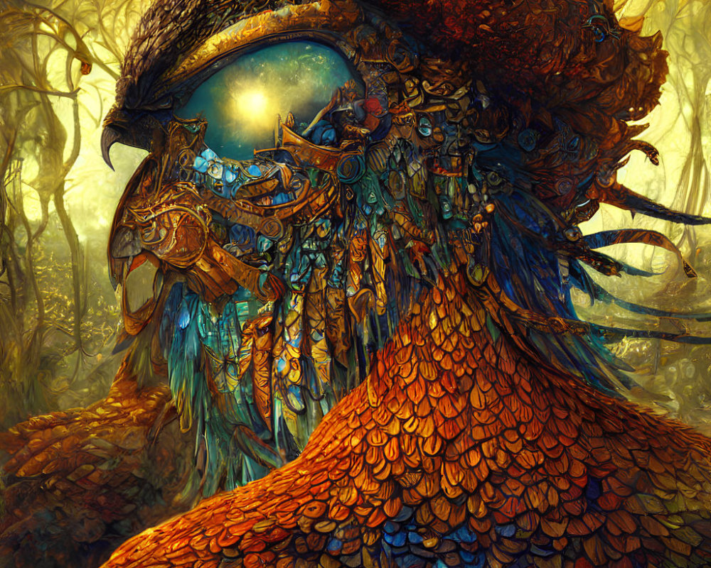 Mechanical bird with glowing eye in amber forest landscape