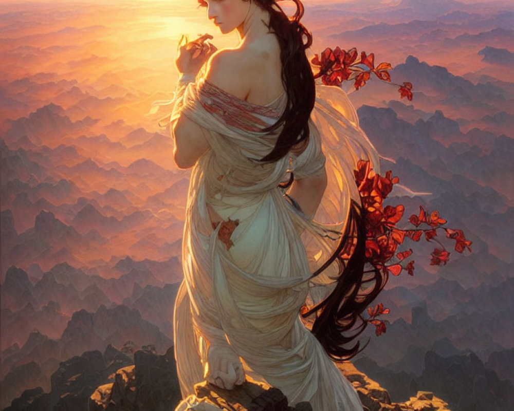 Woman in flowing garments on mountain with red flowers in hair at sunset.