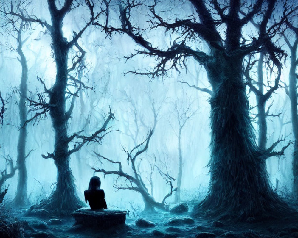 Person sitting under gnarled trees in mystical blue-lit forest