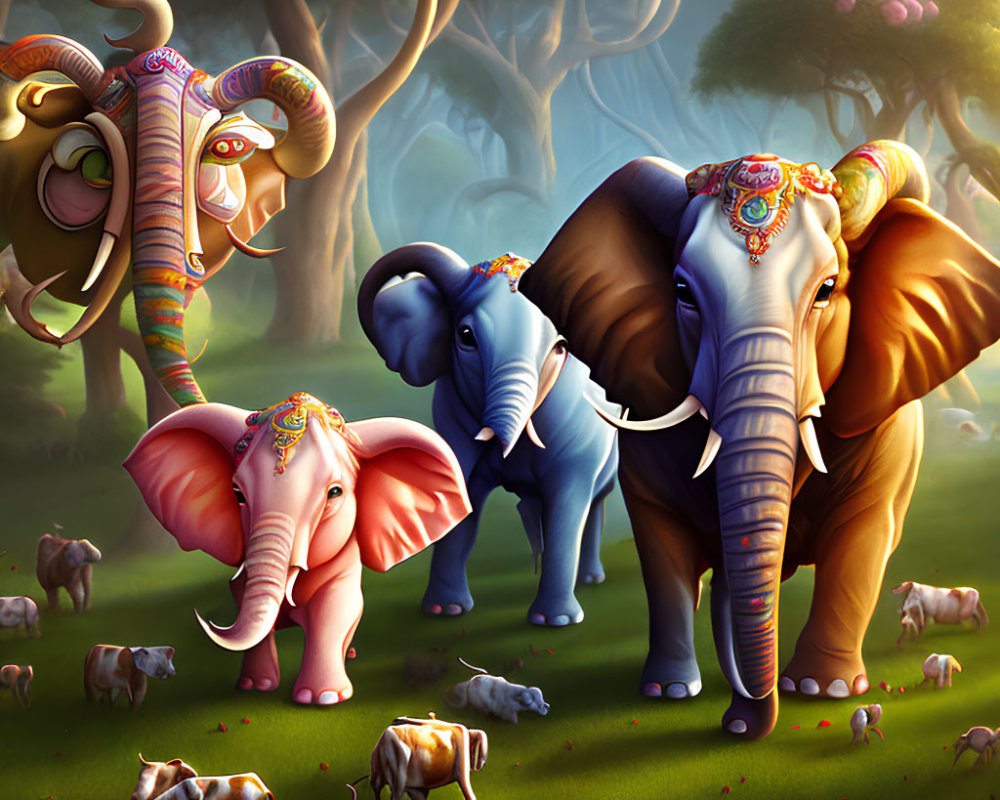 Colorful Elephants in Mystical Forest with Fantastical Creatures