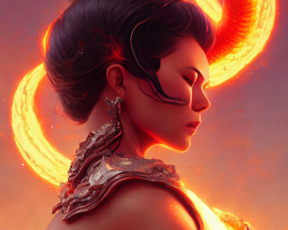 Fantasy-style portrait of a woman with glowing ring halo and elegant armor.