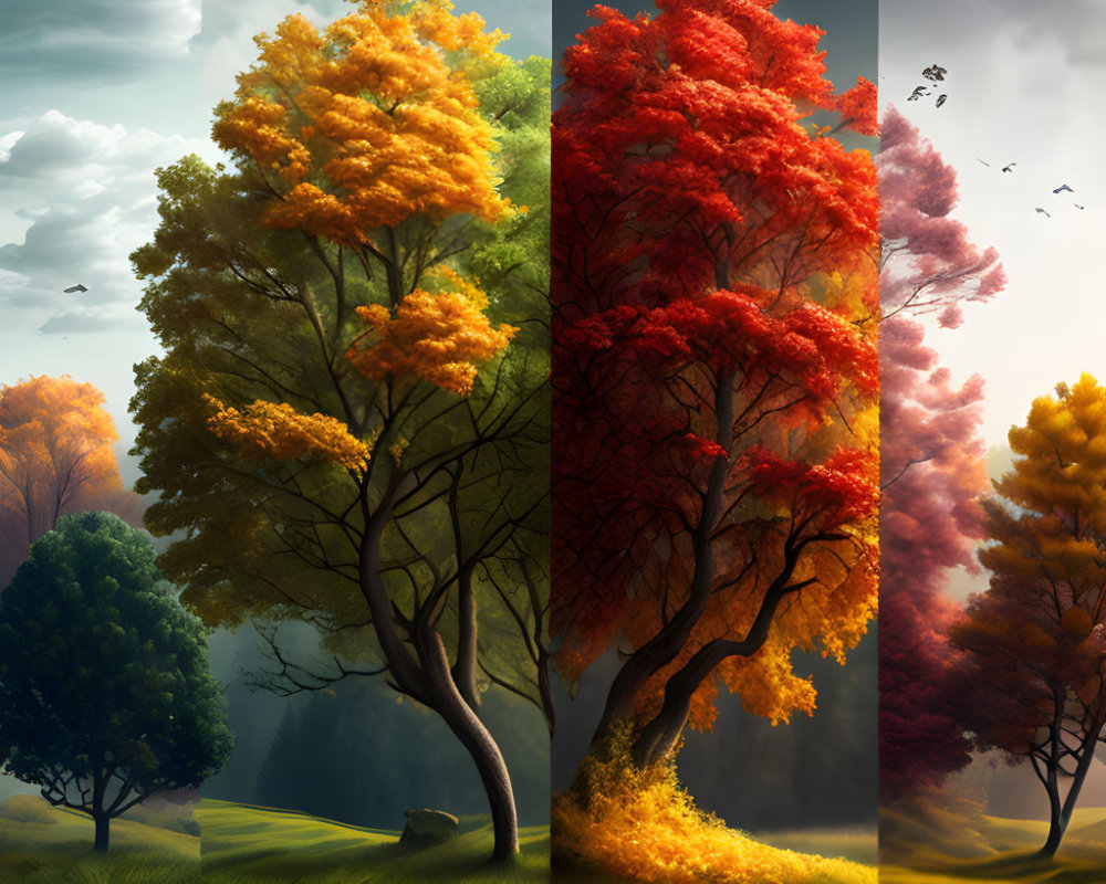 Quadriptych of Trees Depicting Four Seasons in Seasonal Colors