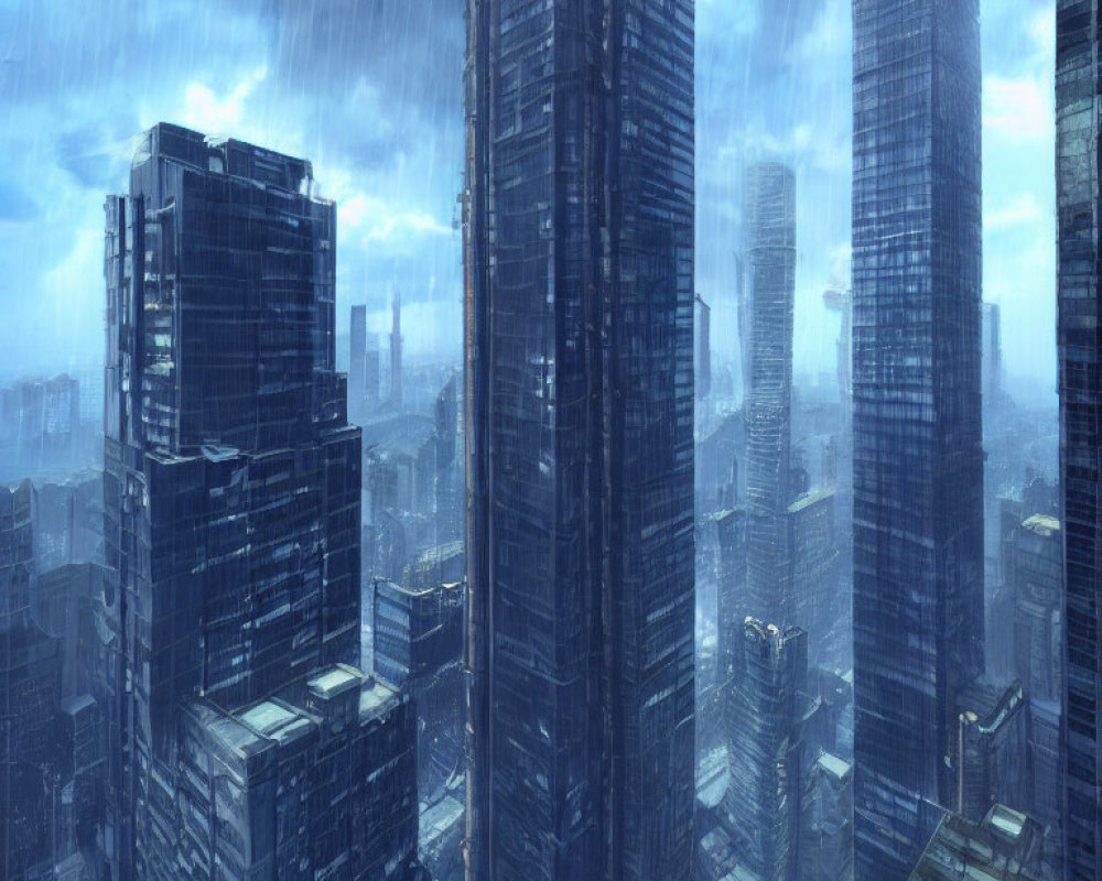 Futuristic cityscape in heavy rain with towering skyscrapers in blue tones