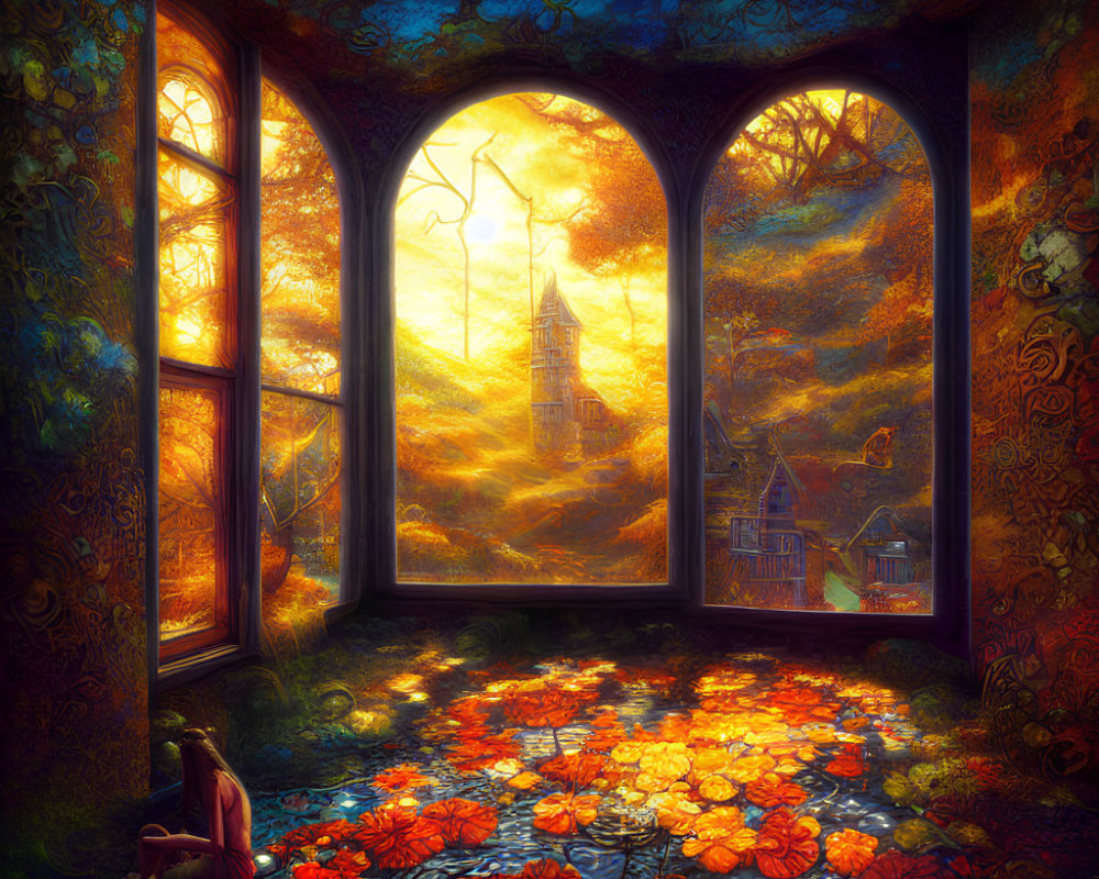 Person sitting by vibrant flower-covered floor gazes at fantastical autumnal landscape