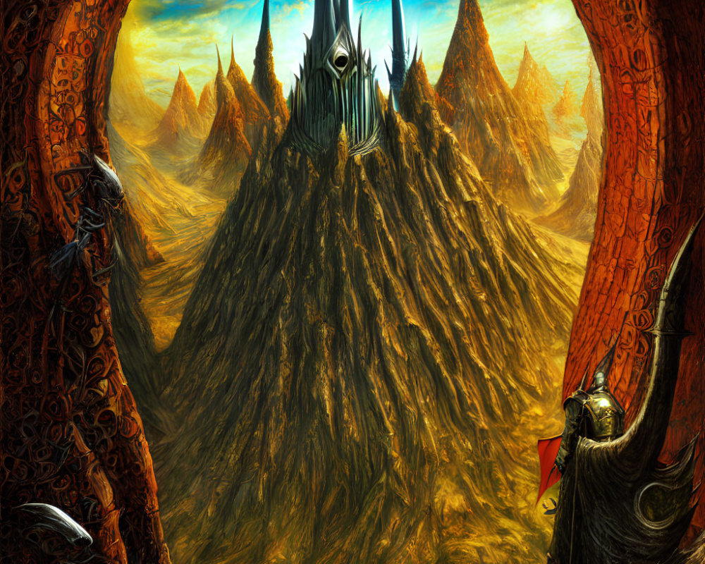 Fantastical landscape with central spire and jagged mountains under orange sky