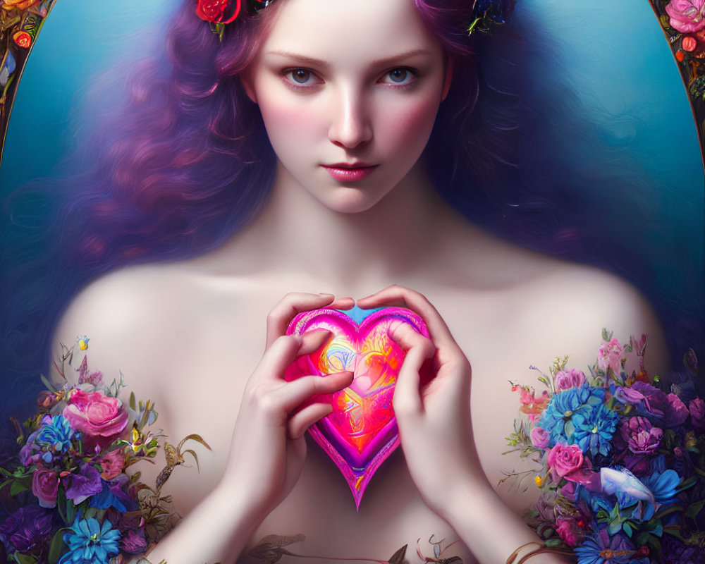 Purple-haired woman with glowing heart and floral crown among vibrant flowers