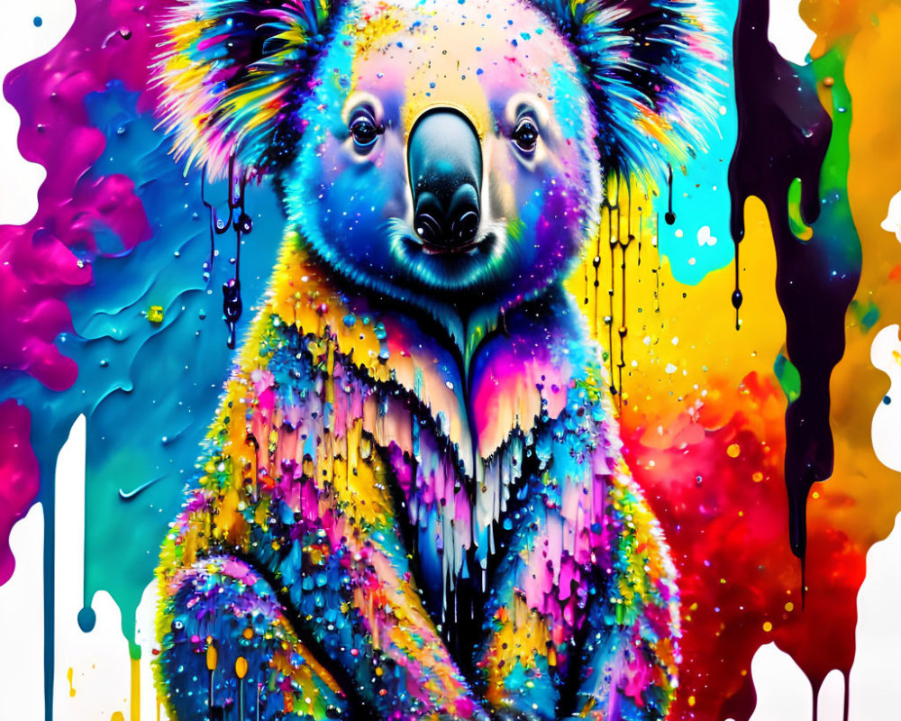 Colorful Koala Artwork with Dripping Paint on Fur and Splatter Background