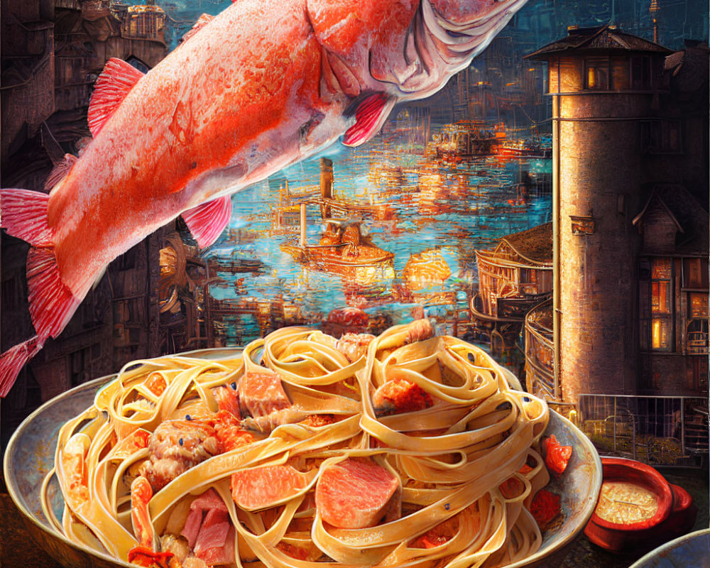 Giant salmon over seafood spaghetti in steampunk cityscape