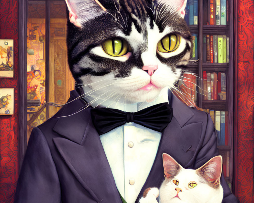 Digital artwork of black and white cat with yellow eyes holding smaller cat in front of bookshelf