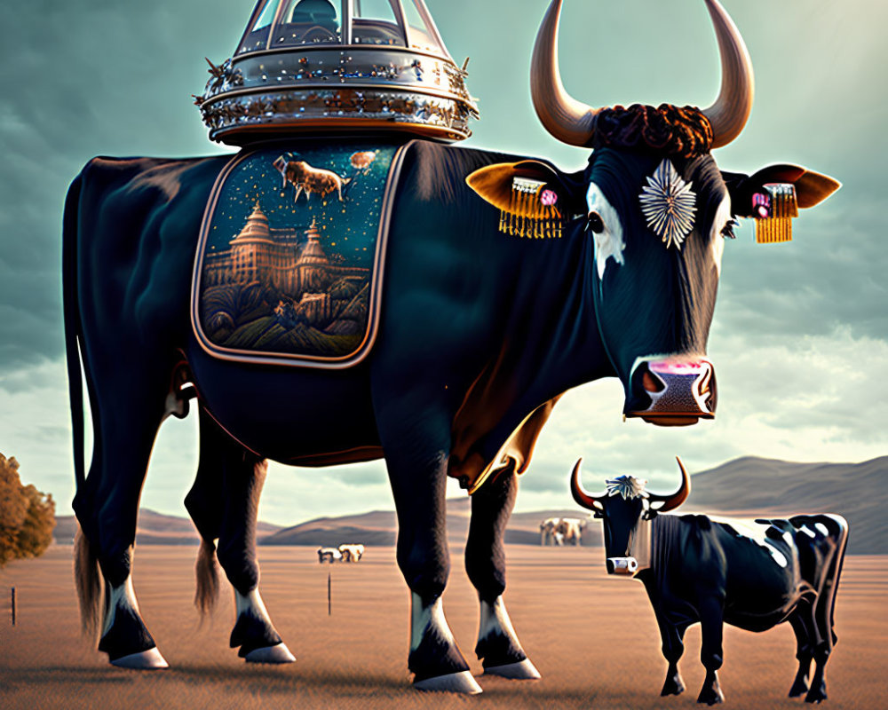 Surreal image: Dark blue cow with transparent body revealing castle interior, smaller cow, golden horns