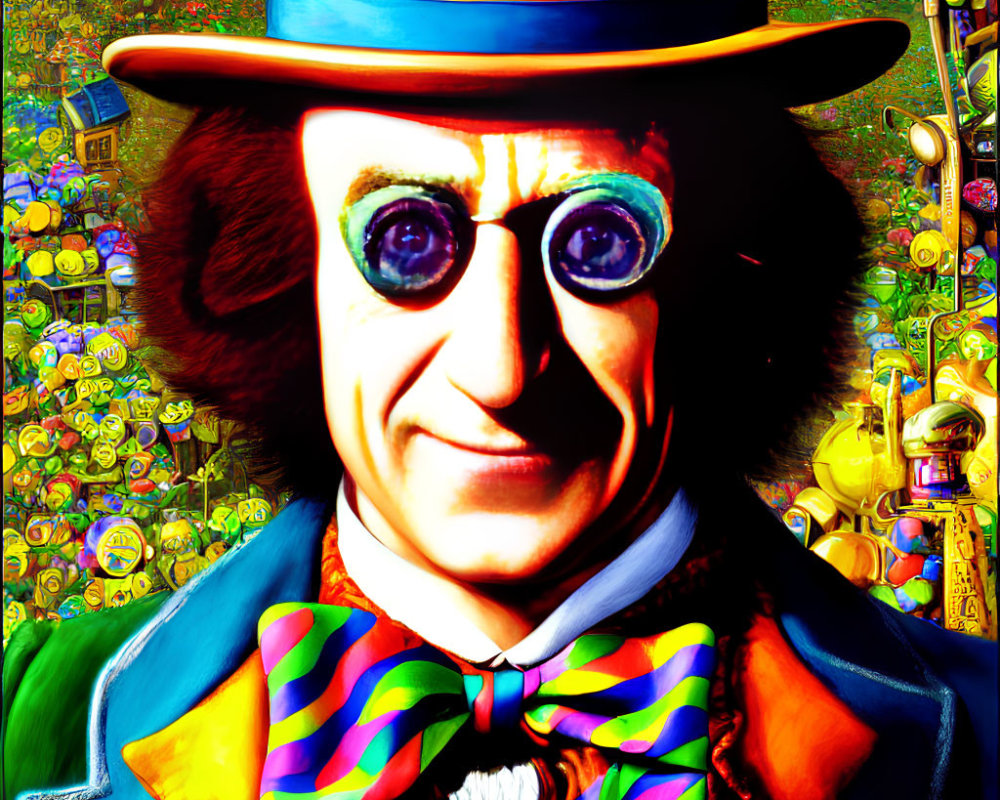 Vibrant caricature of man with top hat, glasses, and bow tie on toy-filled backdrop