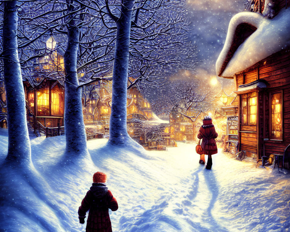 Snowy Evening Scene: Two People Walking Towards Cozy Lit Houses