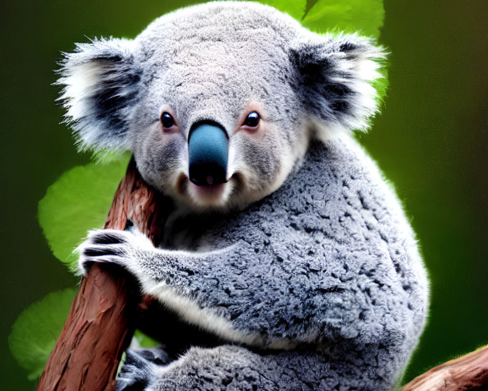 Grey Koala with Large Ears and Black Nose Clinging to Tree Branch