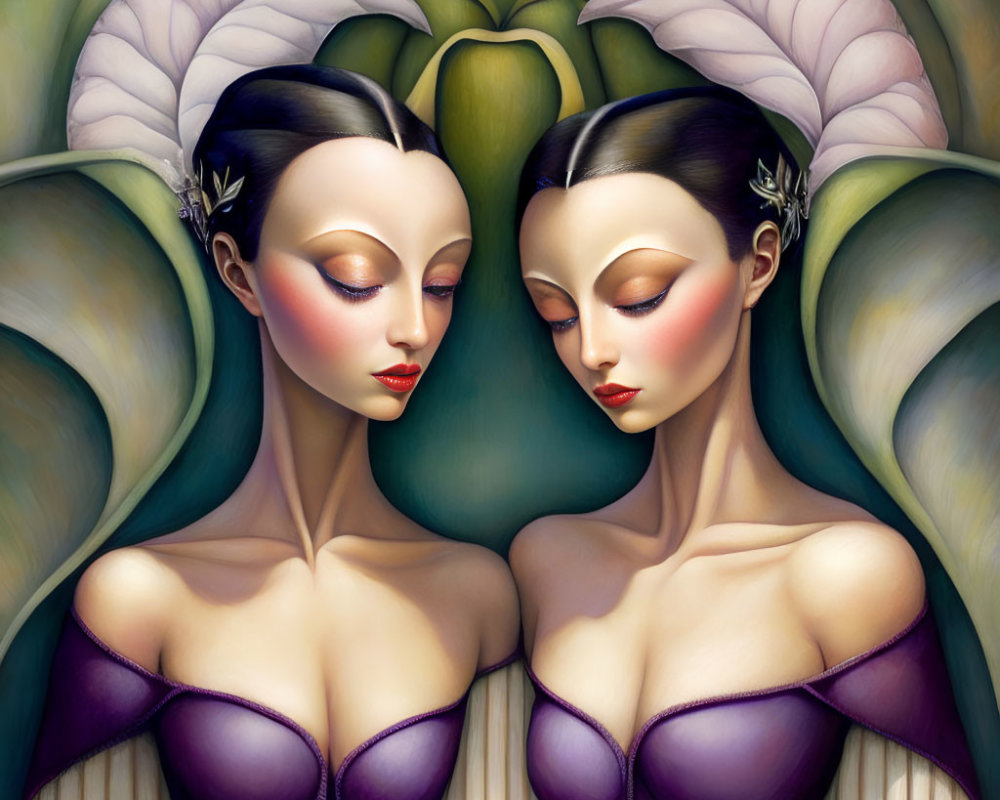 Twin fantasy women in symmetrical portrait with pale skin, dark hair, purple dresses, against leaf