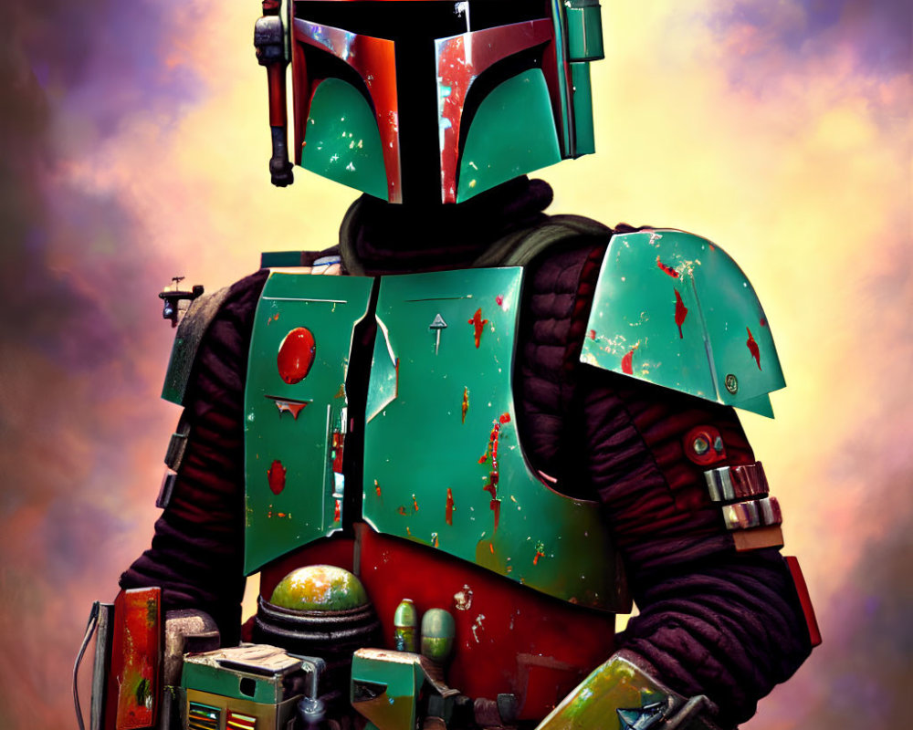 Detailed Portrait: Mandalorian Armor with Green and Red Helmet, Battle Scars, Blaster