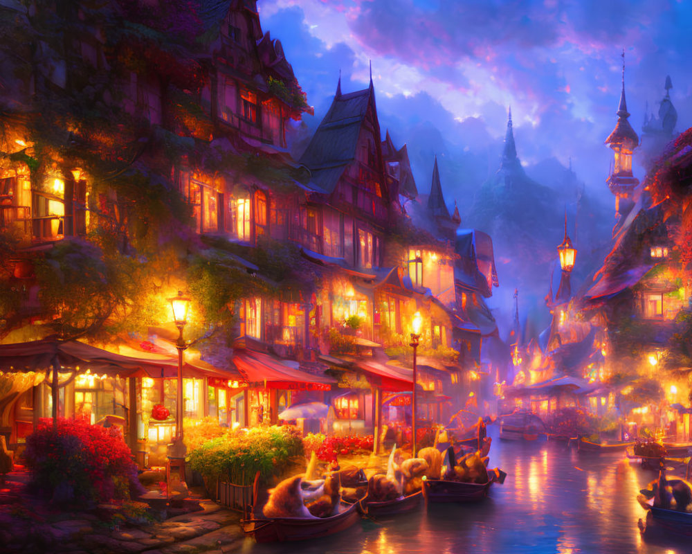 Enchanting fairy-tale village at dusk with cozy houses and boats on a canal