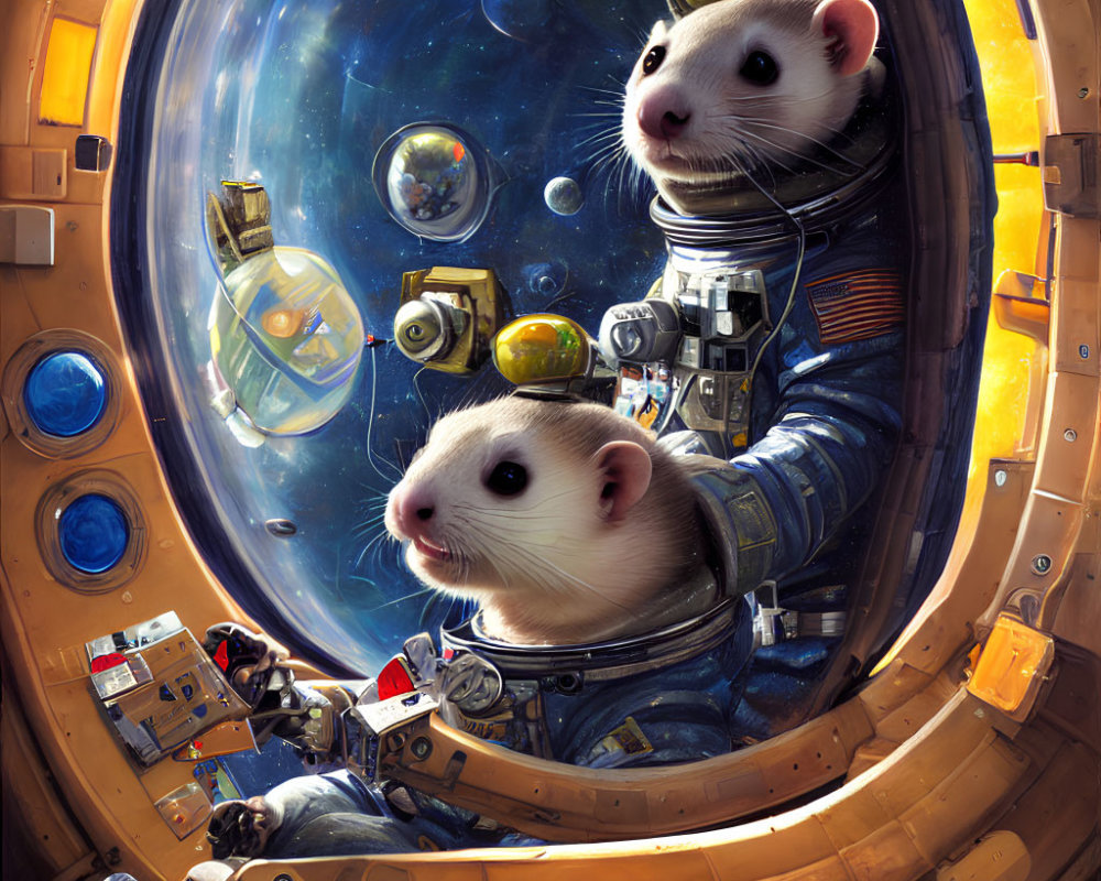 Astronaut rats in spacecraft observing outer space with buttons and floating objects