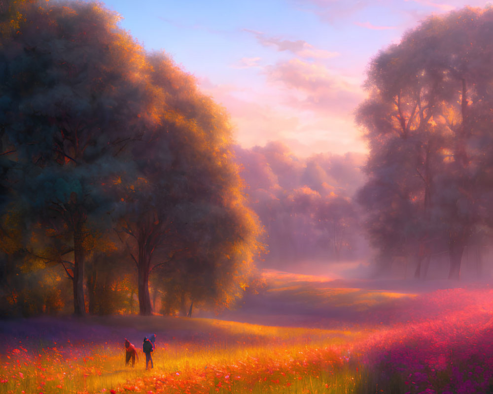 Vibrant meadow with pink flowers at sunrise and misty landscape