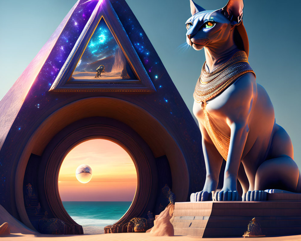 Sphynx Cat Statue with Jewelry by Pyramid and Cosmic Motif at Sunset