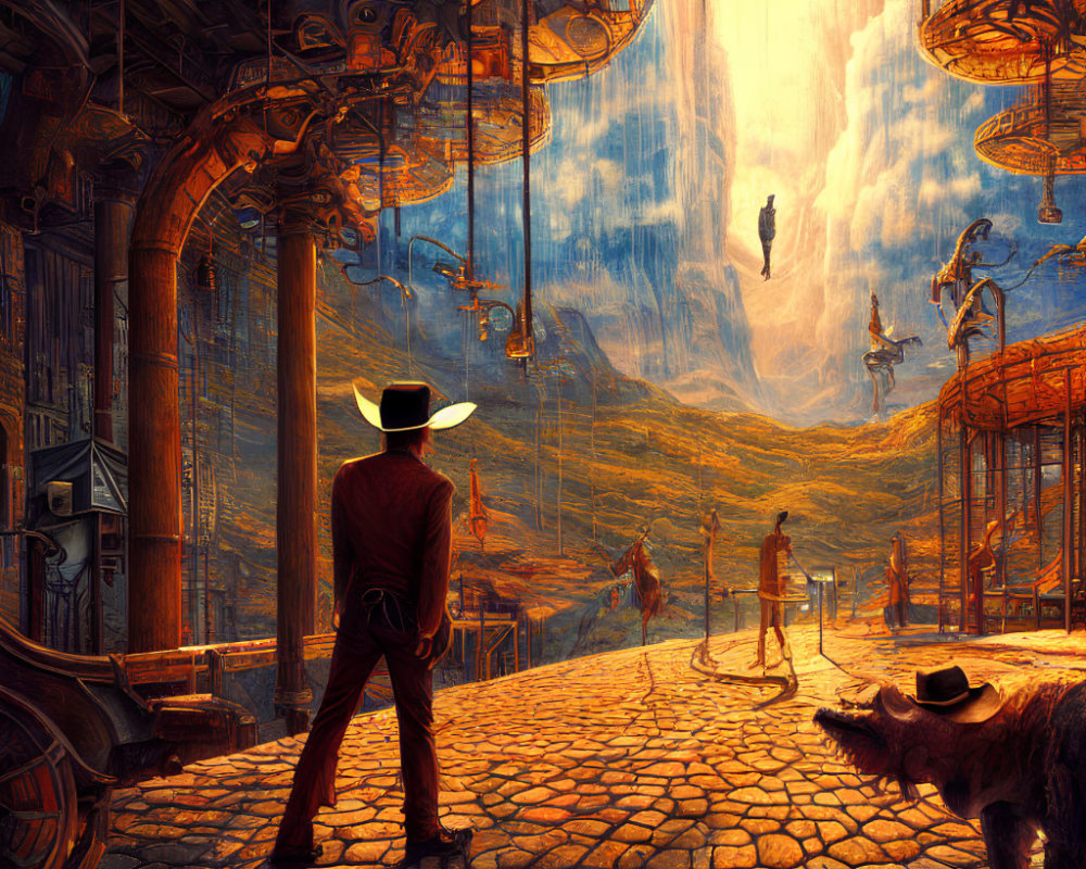 Cowboy hat man in steampunk cityscape with floating figures and dog.
