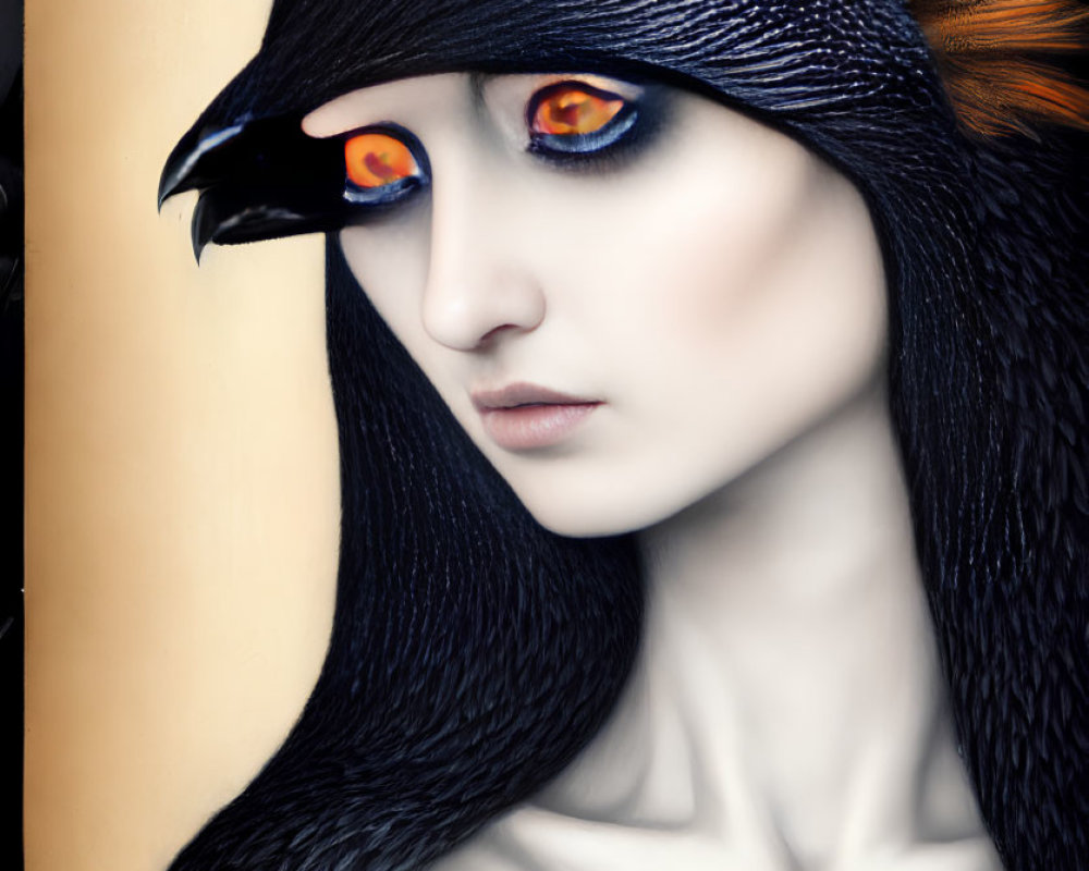 Surreal portrait of woman with avian features and orange eyes