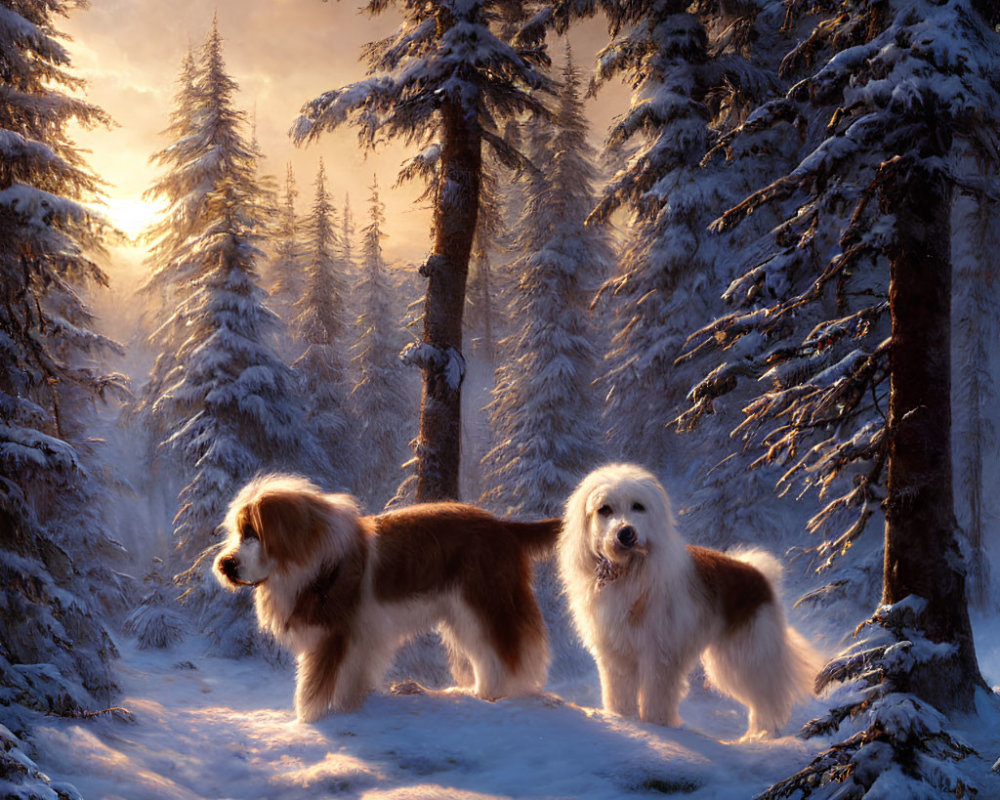 Fluffy dogs in snow-covered forest at sunrise or sunset