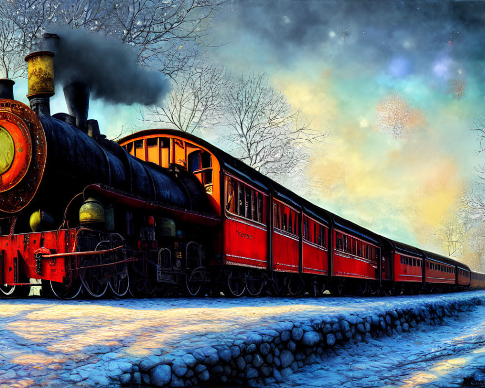 Vintage steam locomotive in black and red traverses snowy twilight landscape.