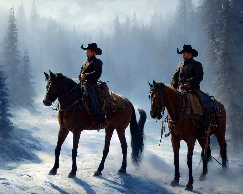Cowboys on Horseback in Snowy Forest with Misty Trees