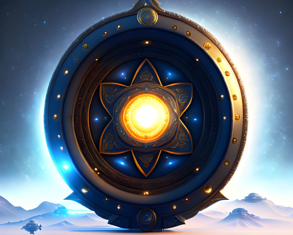 Circular artifact with orange glow, blue and gold designs, in desert under starry sky