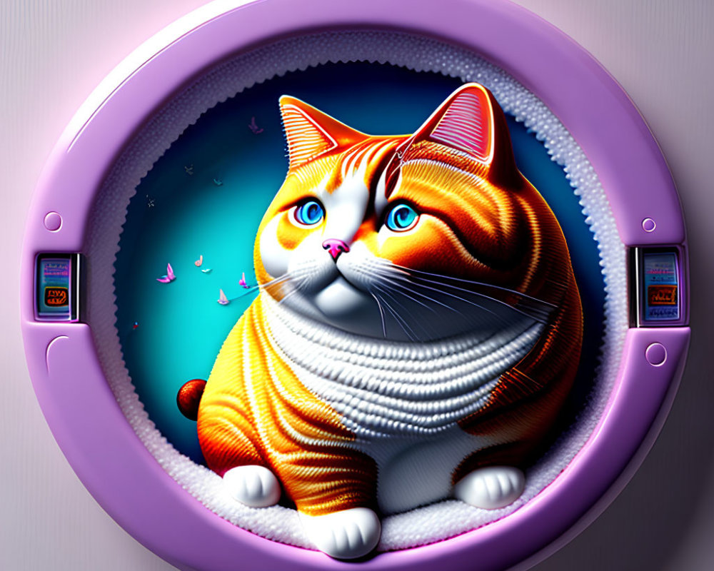 Orange and White Cat in Purple Frame on Cosmic Background