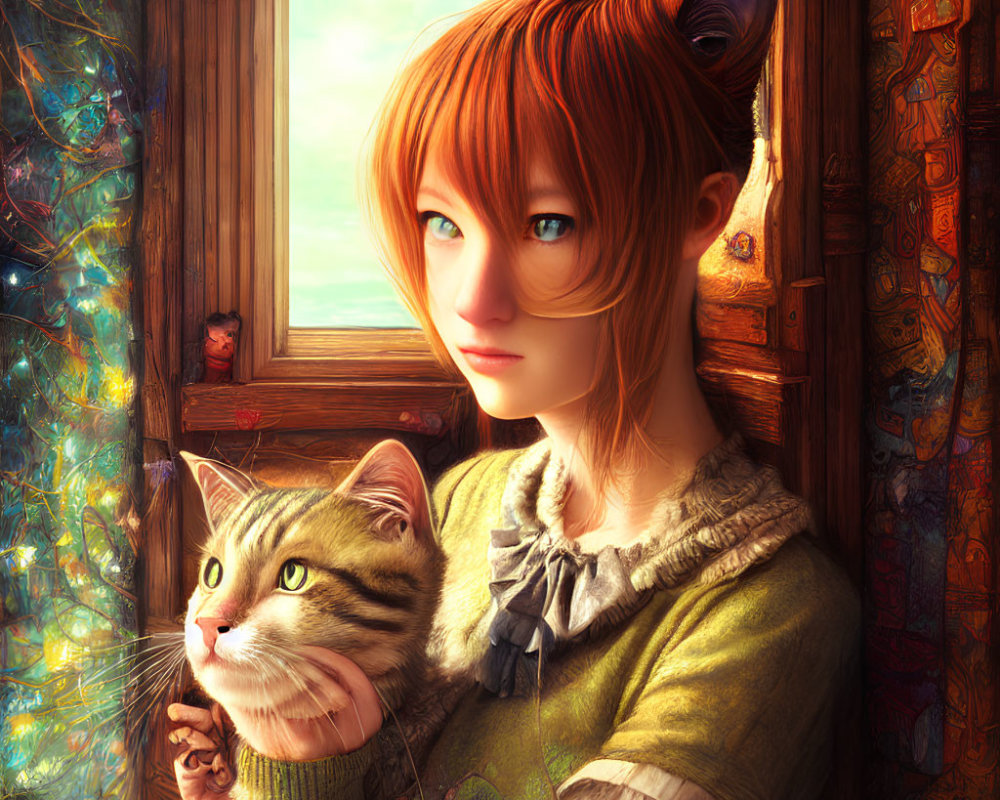 Woman with Cat Ears Holding Tabby Cat by Window