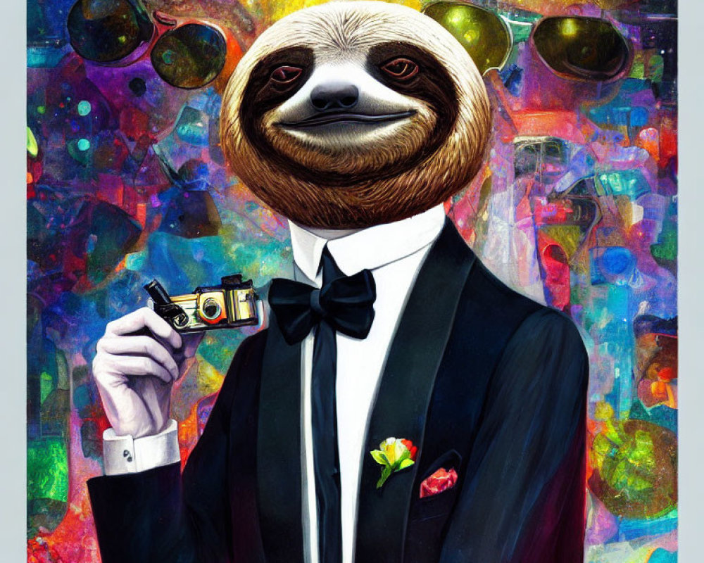 Colorful Psychedelic Sloth in Tuxedo with Camera and Bubbles