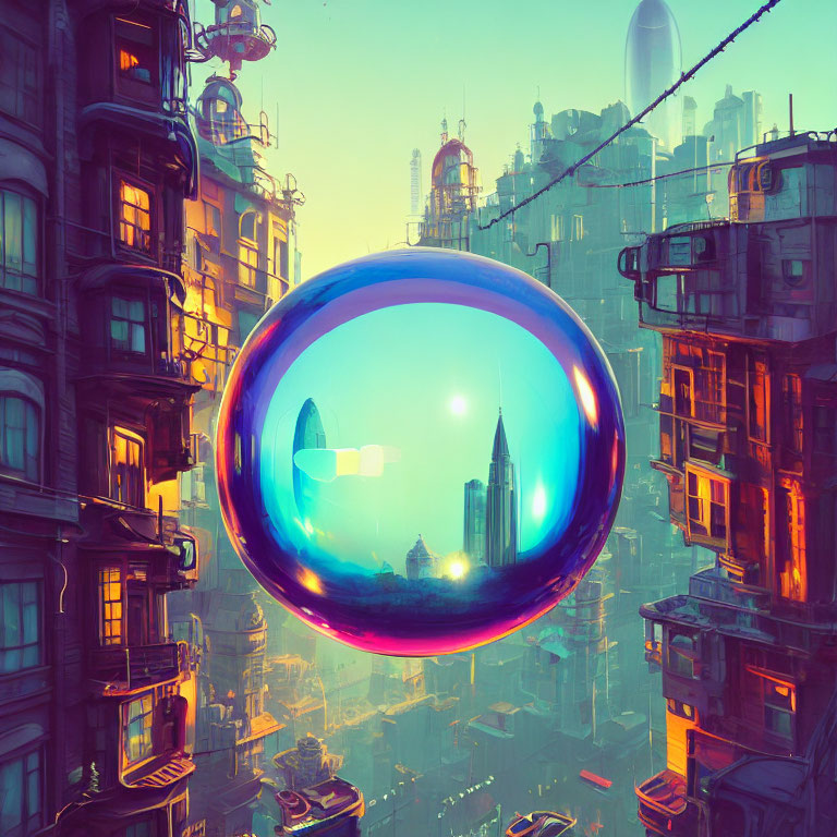 Futuristic cityscape at sunrise with towering buildings and reflective sphere