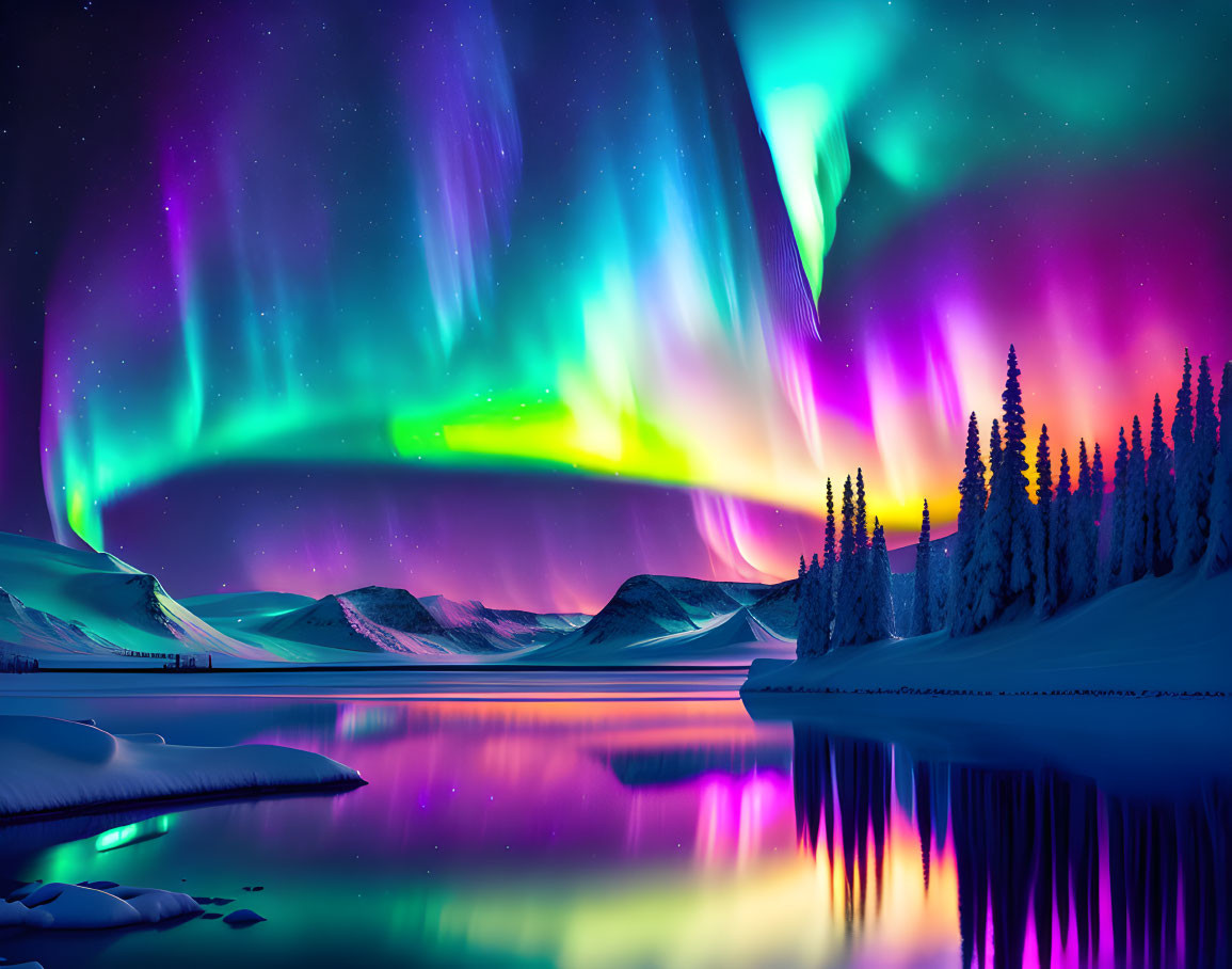 Majestic Aurora Borealis Snowy Landscape with River