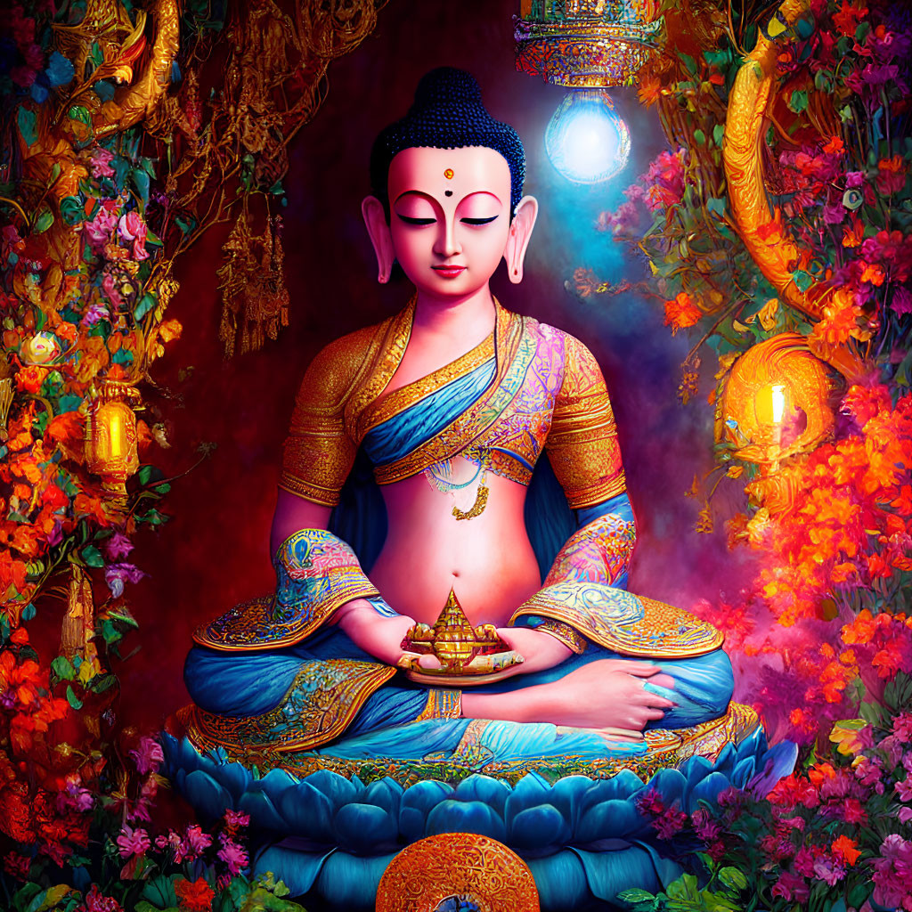 Colorful artwork of meditating figure in traditional attire with flowers and lanterns.