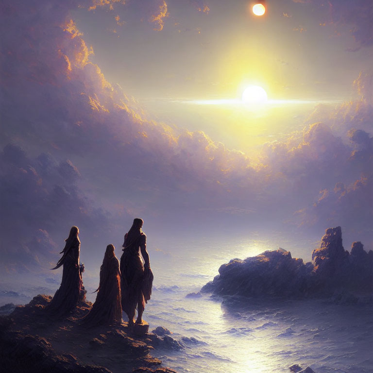 Three robed figures on rocky shore under dual suns at sunset