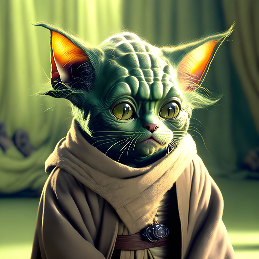 Cat and Yoda digital art: big ears, green skin, Jedi robes