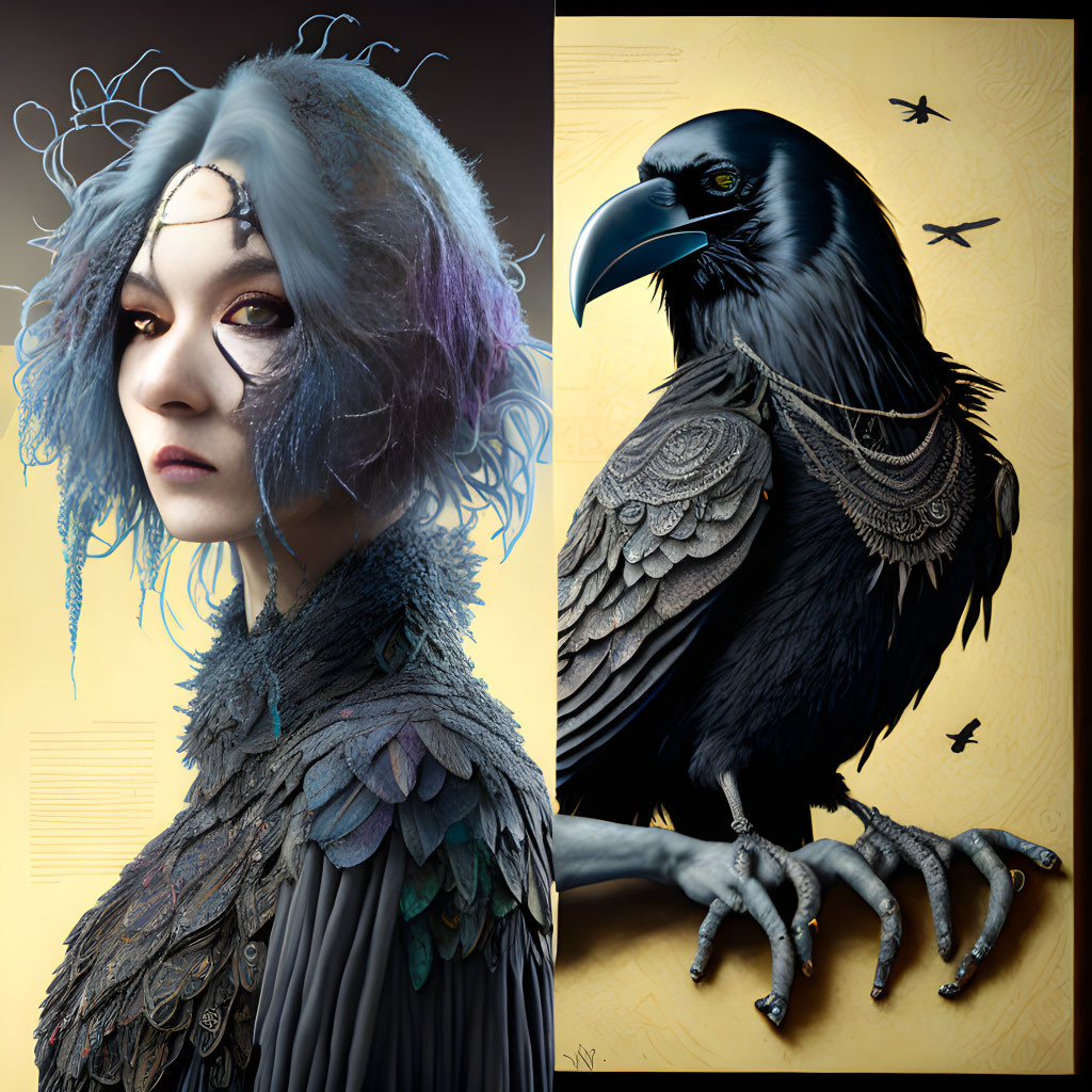 Split Image of Woman in Feather Attire and Raven on Golden Backgrounds