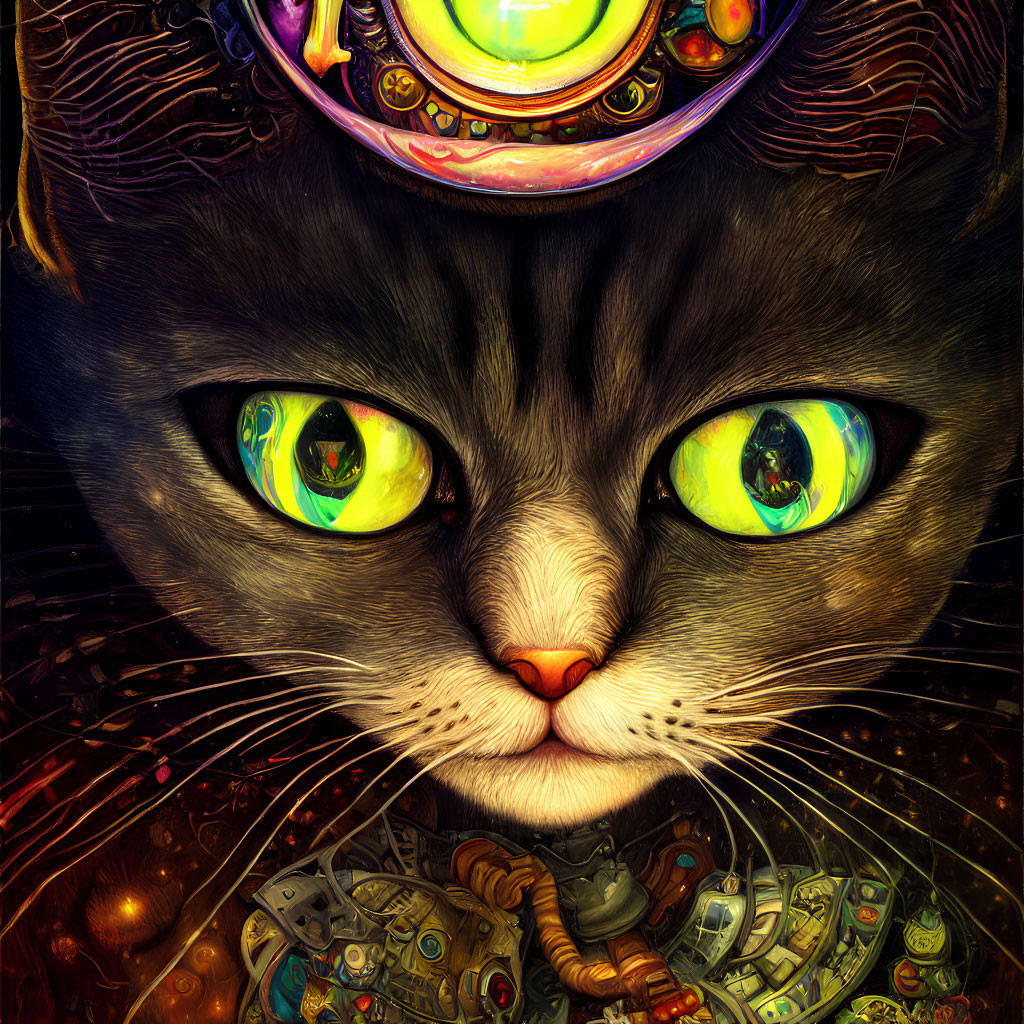 Colorful Steampunk Cat Illustration with Green Eyes and Cosmic Hat