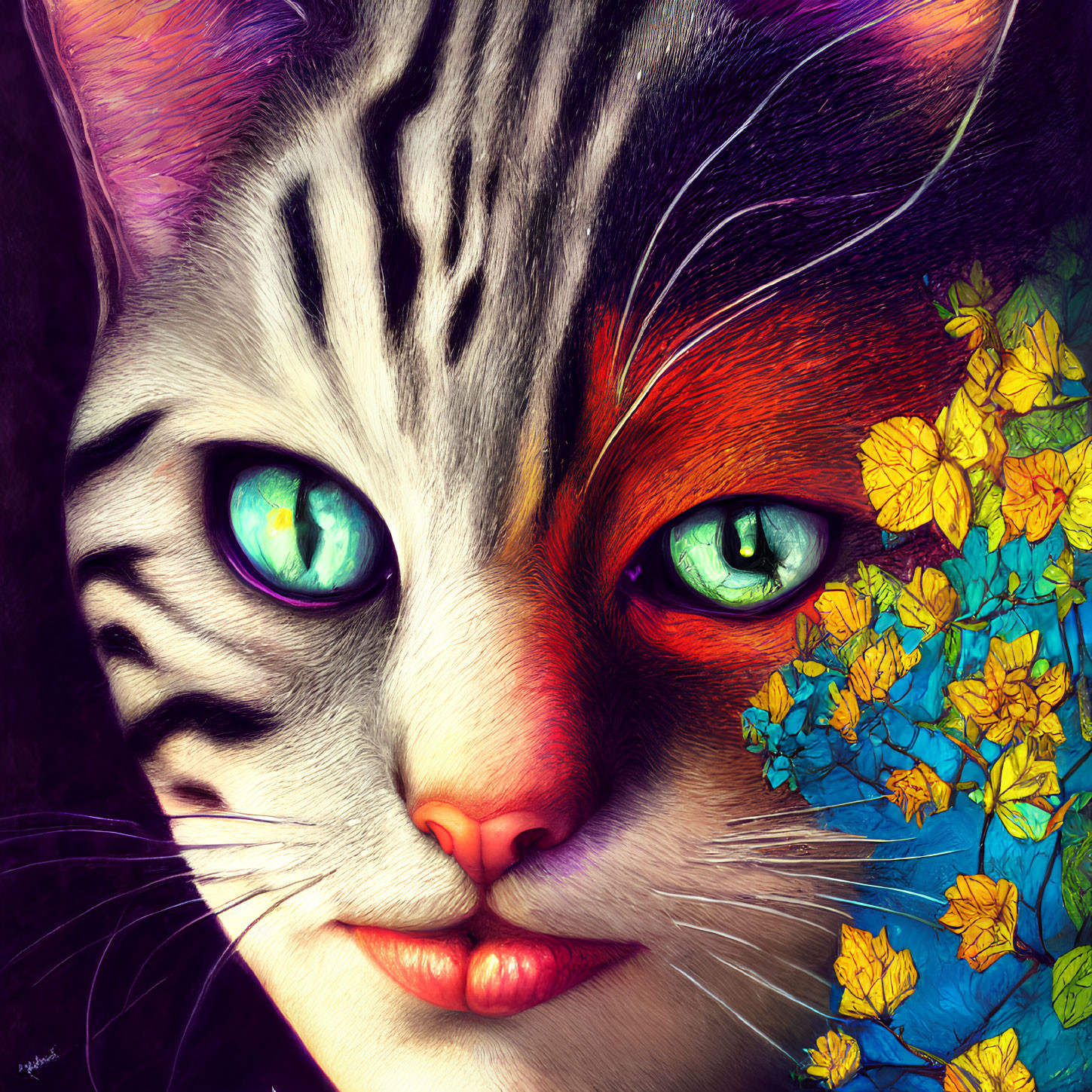 Colorful Cat Illustration with Striking Blue Eyes and Autumn Leaves Theme