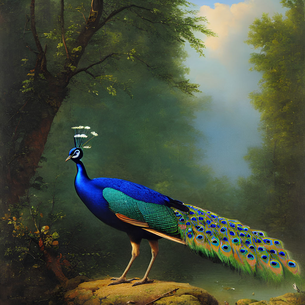 Colorful peacock displaying plumage in lush forest setting