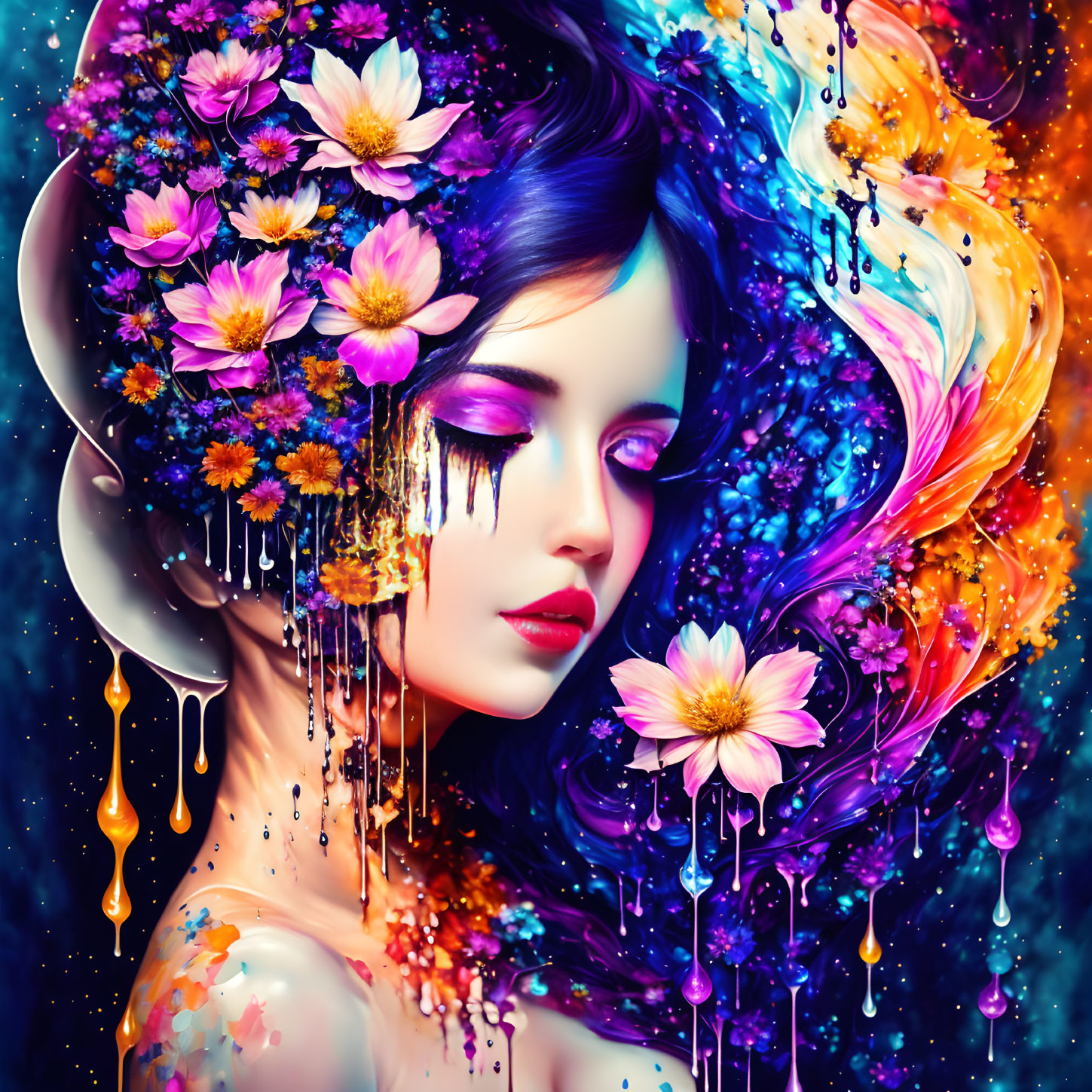 Vibrant woman illustration with floral hair and paint drips