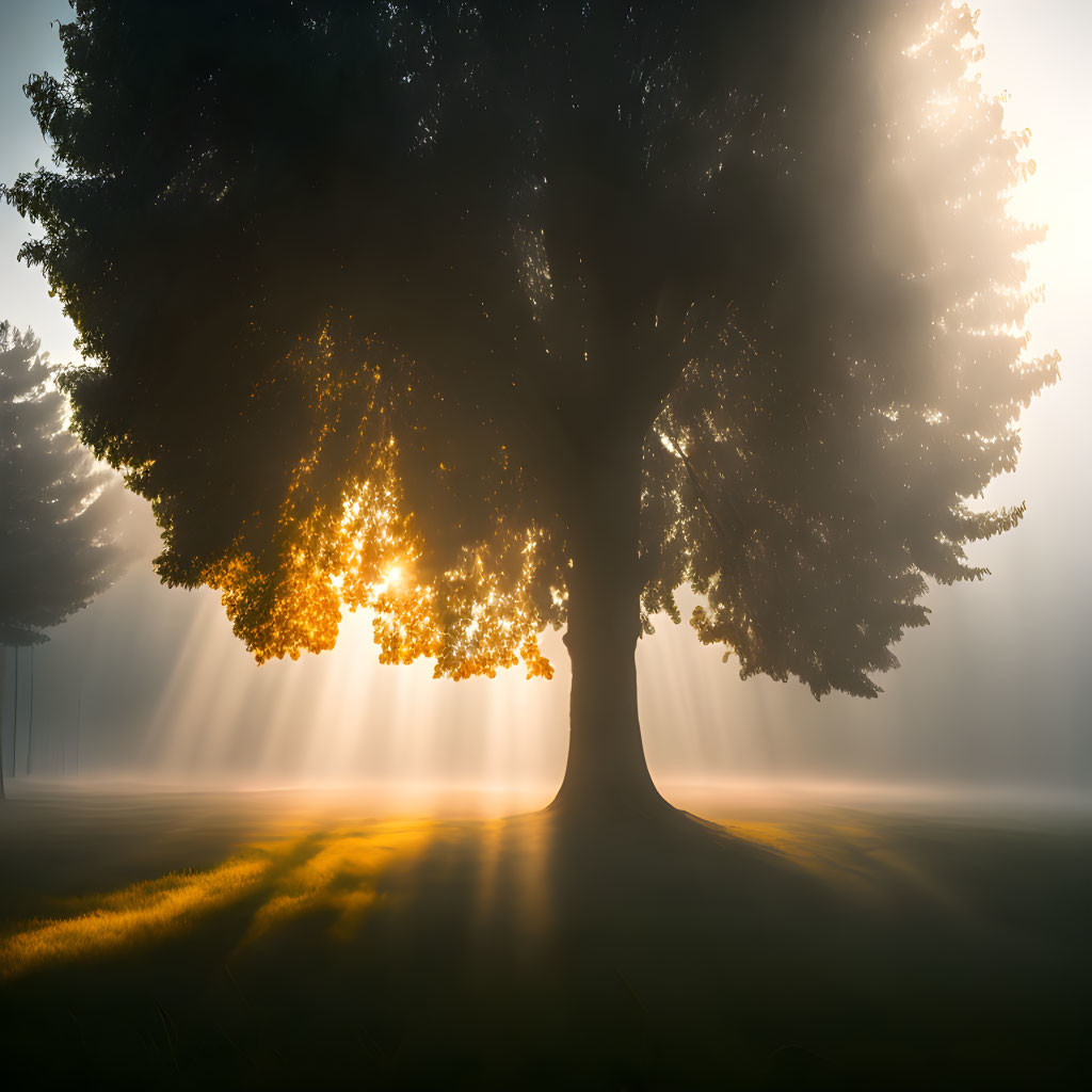 Majestic tree with sunbeams in misty landscape