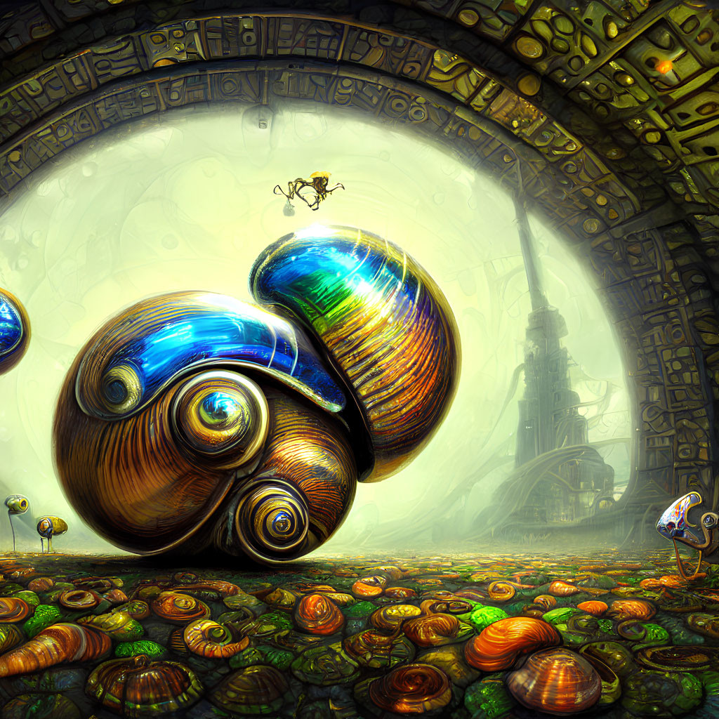 Colorful Surreal Illustration of Oversized Snail with Elaborate Shells