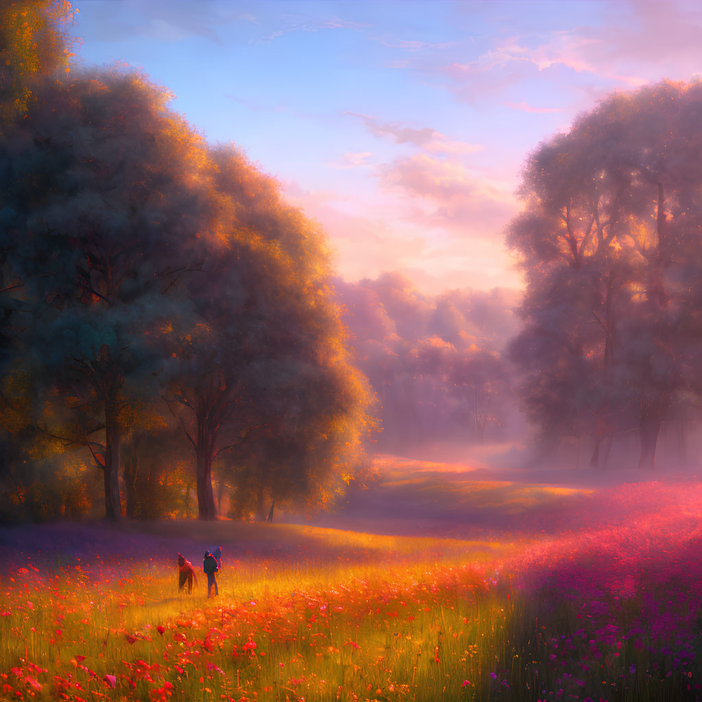 Vibrant meadow with pink flowers at sunrise and misty landscape
