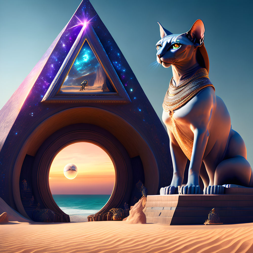 Sphynx Cat Statue with Jewelry by Pyramid and Cosmic Motif at Sunset
