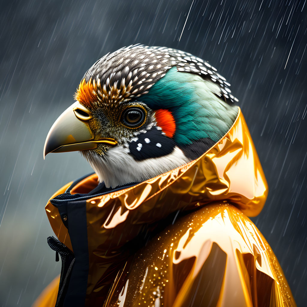 Colorful Bird in Golden Raincoat Under Downpour