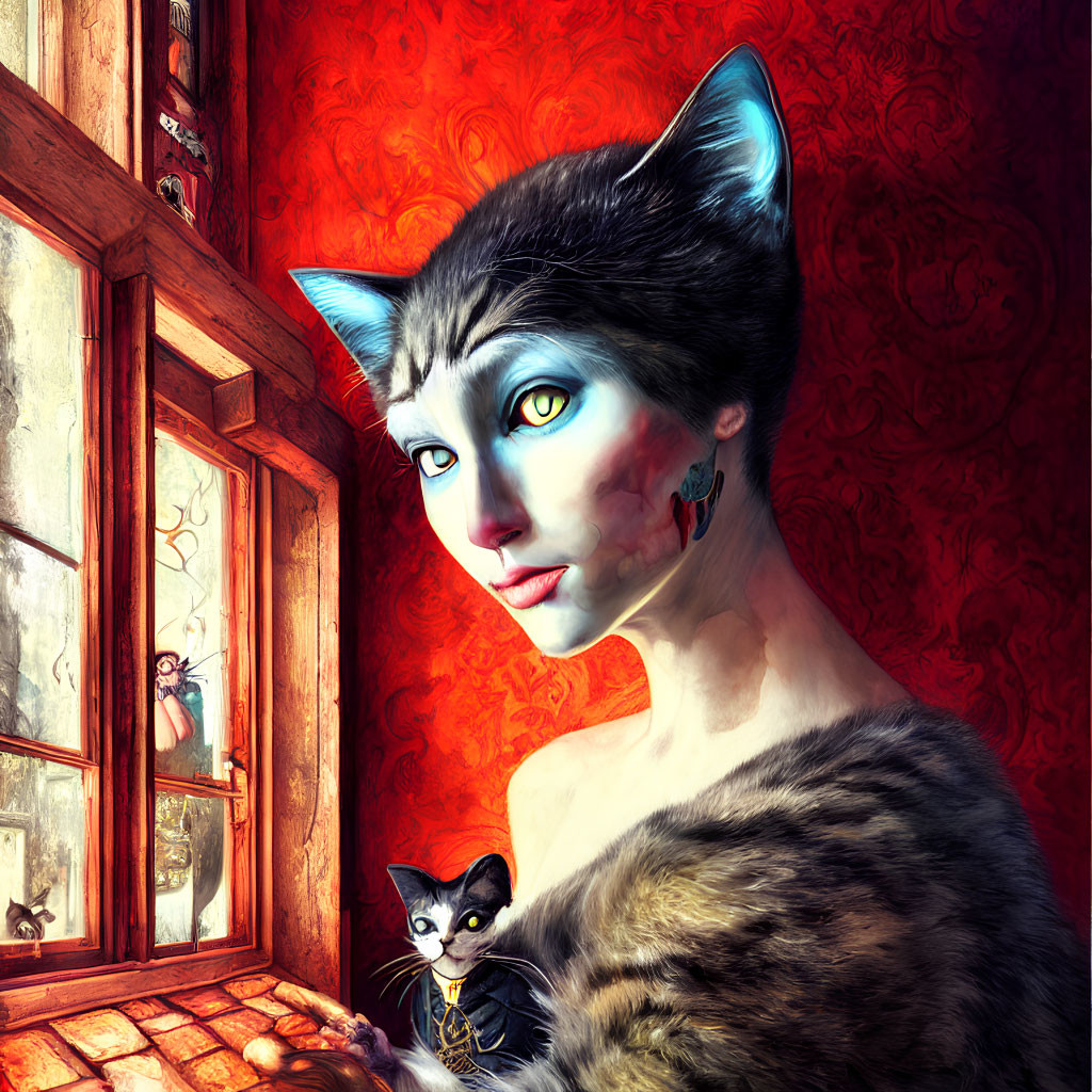 Surreal image: Woman with cat-like features holding a cat by a window
