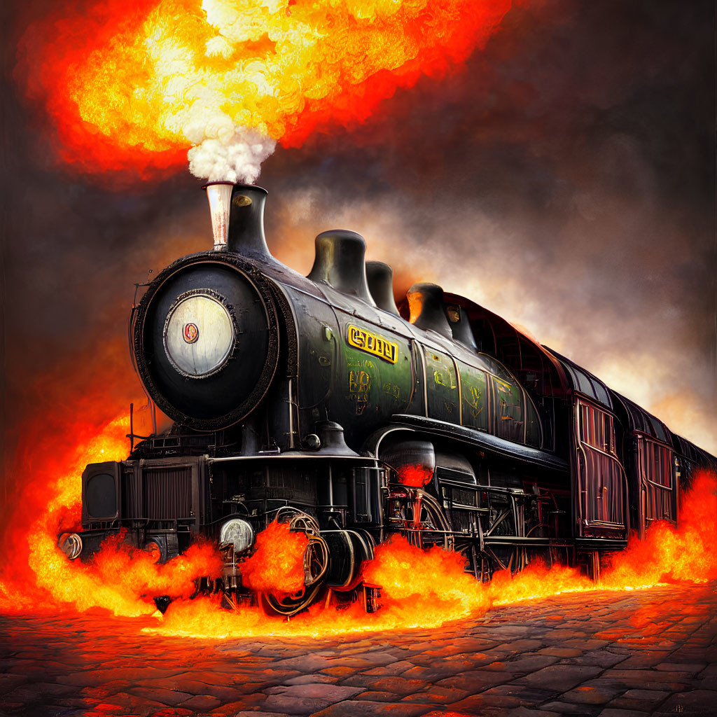 Dramatic steam locomotive artwork with fiery explosion and smoldering sky